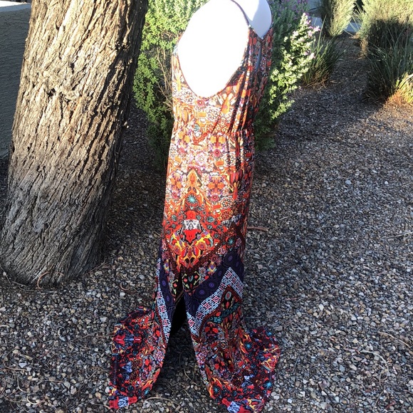 Colorful Patterned Spaghetti Straps Maxi Dress w/ Side Splits! Sz L; FITS LIKE M - Picture 5 of 12